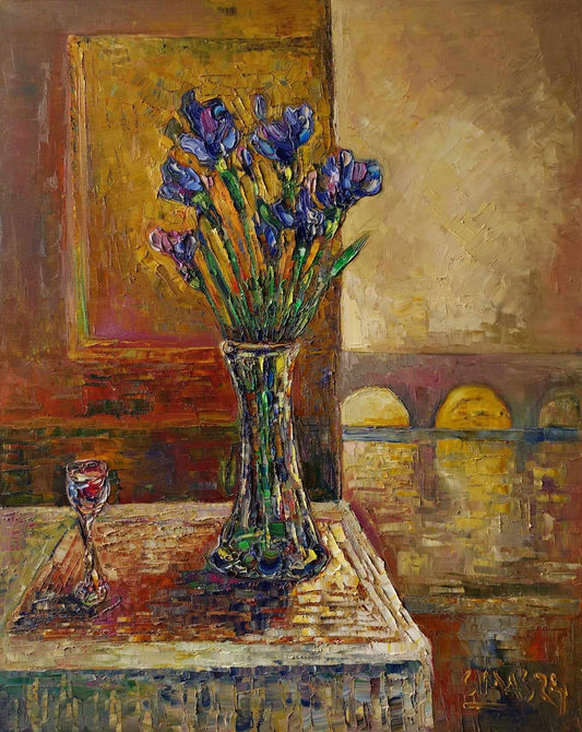 Glass vase with irises - Simonas Gutauskas